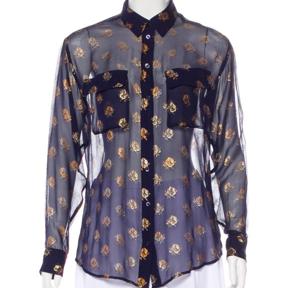 Equipment Metallic Navy & Gold 100% Silk Shirt - Picture 6 of 6